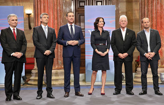 v.l.: Werner Faymann (SP), Michael Spindelegger (VP), Heinz-Christian Strache (FP), Eva Glawischnig-Piesczek (Grne), Frank Stronach (Team Stronach), Matthias Strolz (NEOS).